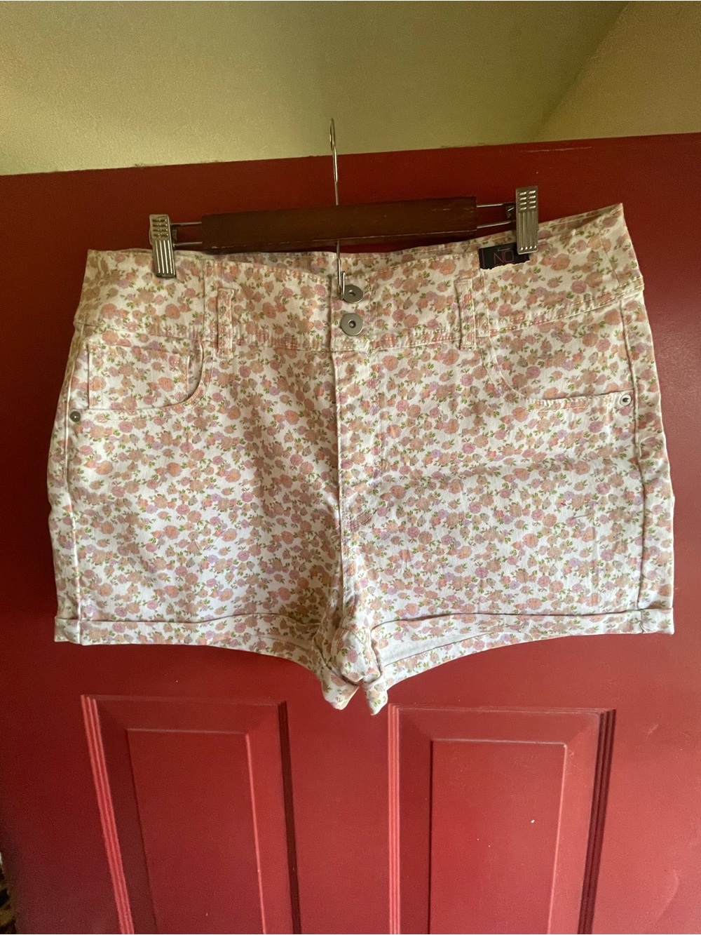No Boundaries Pink Floral High-Waist Denim Shorts